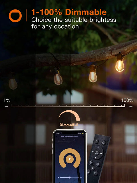 96ft Smart Outdoor String Lights With Remote And App Control Dimmable Patio Lit Vibe Lights With 30 Waterproof Edison Bulbs Music Sync For Gazebo And Backyard IP Weatherproof Timers And Easy Setup showing dimming feature with remote and app interface