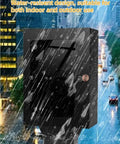 Heavy Duty Ev Station Enclosure With Tempered Glass Front Panel Solid Steel Wall Mount Weatherproof Case Kickass Outside Shield For Electric Vehicle Charging Setup White showcased in a rainstorm.
