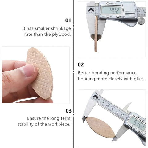 Image showcasing 100 Piece Pack Beech Wood Joining Biscuits for precise measurement and bonding performance in woodworking.