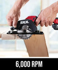 Super Compact One Handed Cordless Circular Saw Kit With Four And A Half Inch Blade Brushless Motor 20V Lithium Battery And Charger cutting wood at 6000 RPM.