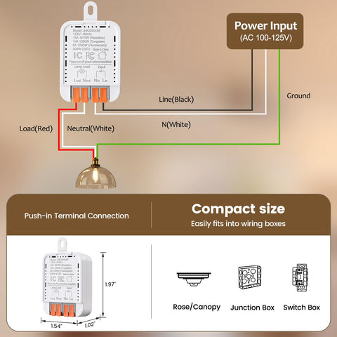 Diagram of Dope Three Way Wireless Light Switch Kit With Remote Receiver No Wiring Needed showing connection details and compact size.