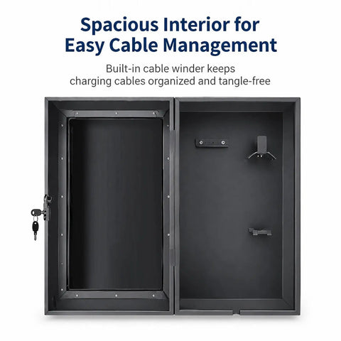 Heavy Duty EV Charger Enclosure Lockable Wall Mount Charging Station Combo Key Lock Security Weatherproof Housing showing spacious interior with cable winder.