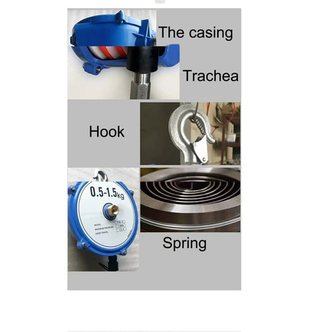 Retractable Spring Balancer Tool Holder With 1.3m Reach, Hook, And Air Tube Adjustable Suspension For Assembly Lines Blue Keeps Tools Off The Floor, Reduces Fatigue, And Boosts Productivity, 2.5-3.5kg Capacity. Blue spring balancer with hook, trachea, casing, and spring parts