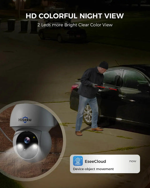 Wire-Free Solar Powered Outdoor Security Camera System, 4MP 4 Cam Kit, 2.4G And 5G WiFi, Color Night Vision, 360 Degree Pan And Tilt in action at night