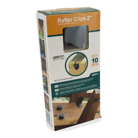 Ten Pack 2 Inch Decorative Angle Rafter Clips With Sunset Powder Coated Finish For Pergola Deck And Fence in packaging.
