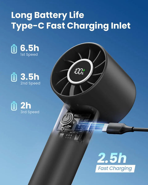 Portable Handheld Mini Fan With Power Display And Built In Flashlight USB Rechargeable 1800mAh Battery with charging port