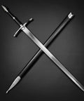 One Hand Medieval Sword Prop With High Carbon Steel Blade 41.25 Inch, Black Scabbard, LARP Ready, Metal Pommel And Guard on display