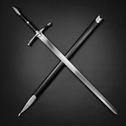 One Hand Medieval Sword Prop With High Carbon Steel Blade 41.25 Inch, Black Scabbard, LARP Ready, Metal Pommel And Guard on display