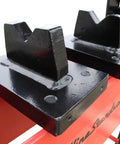 Heavy Duty 30 Ton Air Hydraulic Shop Press With Rock Solid Adjustable Carriage and No Sweat Pressure Dial close-up view of black steel v-blocks.