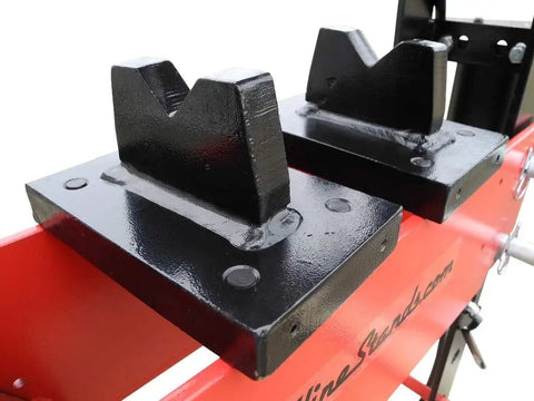 Heavy Duty 30 Ton Air Hydraulic Shop Press With Rock Solid Adjustable Carriage and No Sweat Pressure Dial close-up view of black steel v-blocks.