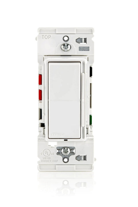Smooth Ride Rocker Dimmer Switch For LEDs And Incandescents 150 Watt Single Pole Or Three Way Two Pack White front view with wiring terminals.