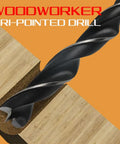 Close-up of Pro 6 Pc Woodworking Drill Bit Set With Precision Three Point Hole Opener used on wood surface.