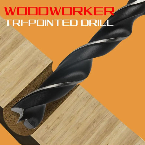 Close-up of Pro 6 Pc Woodworking Drill Bit Set With Precision Three Point Hole Opener used on wood surface.