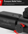 Close-up of pressure relief valve on hydraulic knockout hole punch driver set, showing TP-8C rotary punch driver component.