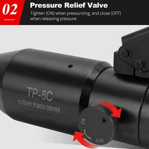 Close-up of pressure relief valve on hydraulic knockout hole punch driver set, showing TP-8C rotary punch driver component.