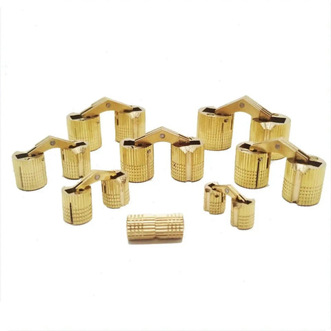 2 Pack Copper Barrel Hidden Cabinet Hinges Gold Finish For 8 To 18 Mm Doors, Invisible Concealed Hinge, 180 Degree Rotation Display