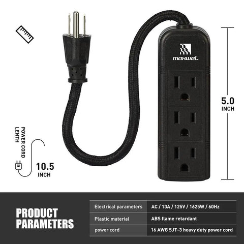 Wall Mountable Power Strip With Three Grounded Outlets And Braided Ten Inch Cord Black Travel Friendly Compact Extension No Surge Protector ETL Listed 13A 125V 1625W For Home Office And On The Go