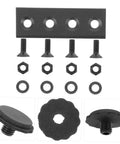 Sliding Barn Door Hardware Kit With Track And Connecting Brace, flat fixing plate, screws, nuts, black metal components.