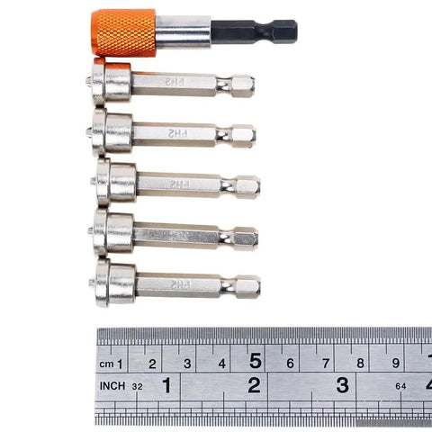 Kickass Six Piece PH2 Magnetic Drywall Screw Bit Set With Exact Depth Stop Collar For Sheetrock Gypsum Plasterboard Heavy Duty Professional Grade Install Tool Kit, showing driver bits and quick change sleeve.