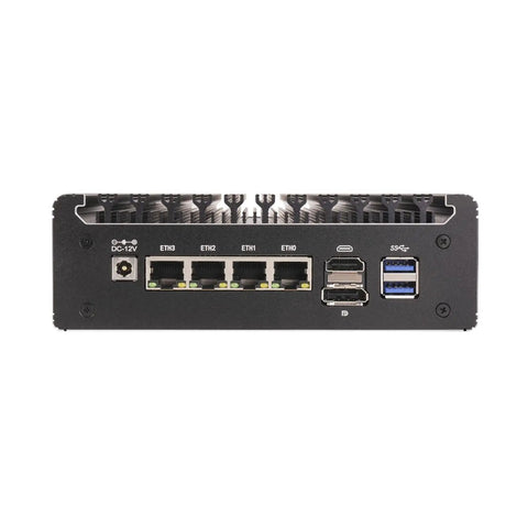 Back view of Firewall Mini Computer with Pentium Gold chip and four GbE ports for network management.