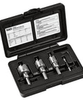 Klein Tools 4-piece heavy-duty hole saw kit with carbide cutters and pilot bit in rust-proof molded plastic case.