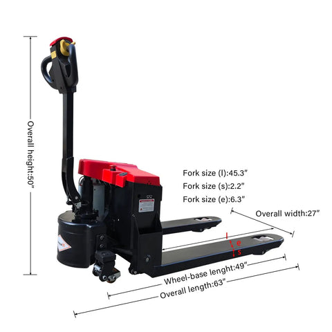 Huge Hauler Rechargeable Electric Pallet Jack With 3300 Lbs Capacity, detailed fork and size measurements for efficient warehouse use.