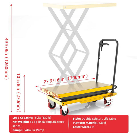 Heavy Duty Hydraulic Lift Cart With 330Lb Capacity, 49.6 Inch Max Lift Height, Single Scissor Lift Table, Locking Wheels