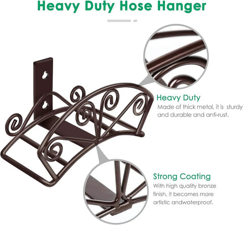 Heavy Duty Garden Hose Holder Wall Mount For 150 Ft Hoses Solid Metal Hanger Bronze Finish Outdoor Hose Storage Reel Durable Yard Organizer For Outside shown with close-up highlighting metal and bronze coating