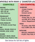 Compatibility list for Switchback Large 2.0 Flashlight Ring with 1-inch tactical lights, detailing compatible and non-compatible models.