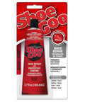 Front view of 3.7 oz black Shoe Goo, part of Rugged Shoe Repair Kit For Worn Shoes And Boots With Heavy Duty Adhesive For Leather Vinyl Rubber And Canvas 3.7 Ounce Tube Four Snip Tip Applicators And Pixiss Spreader Tools Set For Quick DIY On The Go Fixes