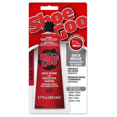 Front view of 3.7 oz black Shoe Goo, part of Rugged Shoe Repair Kit For Worn Shoes And Boots With Heavy Duty Adhesive For Leather Vinyl Rubber And Canvas 3.7 Ounce Tube Four Snip Tip Applicators And Pixiss Spreader Tools Set For Quick DIY On The Go Fixes