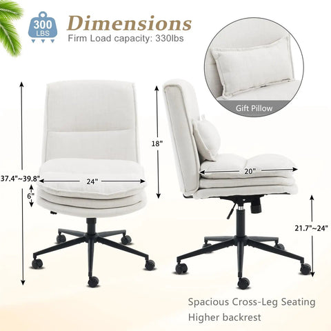 Cloud Criss Cross Legged Office Chair With Wheels side and front view, 18 in back, 24 in wide seat, beige fabric