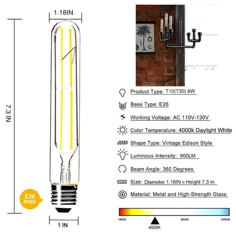 Dimmable T10 LED Filament Tubular Bulbs 4000K Daylight White, Edison Style, 7.3 Inch, with E26 Base and clear glass.