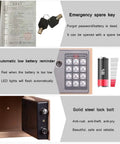Display showing features of the Beefy Steel Safe Box With A Handy Posting Slot For Store Valuables And Cash Documents Passports And Jewelry Mechanical Override.