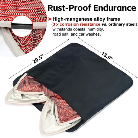 Tesla Model Y sunshade with double-layer glass, red-film inner layer, gray exterior, foldable with storage bag