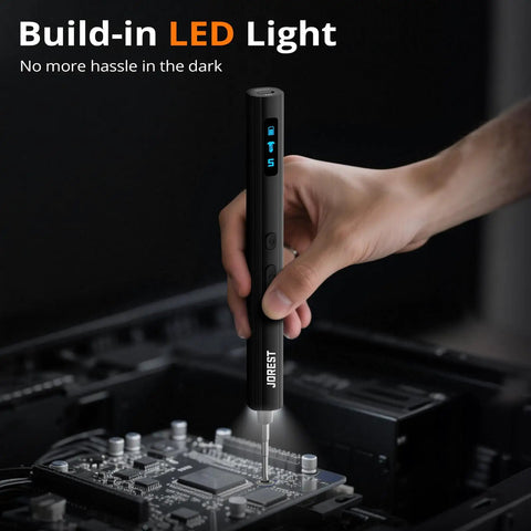 Hand using Compact 155 In 1 Mini Electric Screwdriver Cordless Set With 5 Adjustable Torque Levels Up To 0.75Nm on circuit board