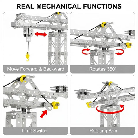 3 In 1 Metal Construction Kit With 273 Parts Tower Crane Frame Crane Windmill Model Set showcasing mechanical functions
