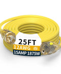 25 Foot Heavy Duty Outdoor Extension Cord With Waterproof Weatherproof Build LED Lighted Outlet And Locking Receptacle 125V 15A 1875W 3 Prong SJTW Electrical Power Cord ETL Listed Yellow