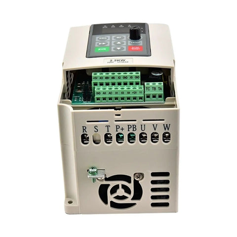 Beefy 0.4 To 2.2KW Variable Frequency Drive VFD Inverter With Speed Vector Control For 3 Phase Motors 0 To 999.99 Hz Output 380VAC 1.5KW Version ZA D12 For Industrial Use, beige VFD with control panel and terminal blocks