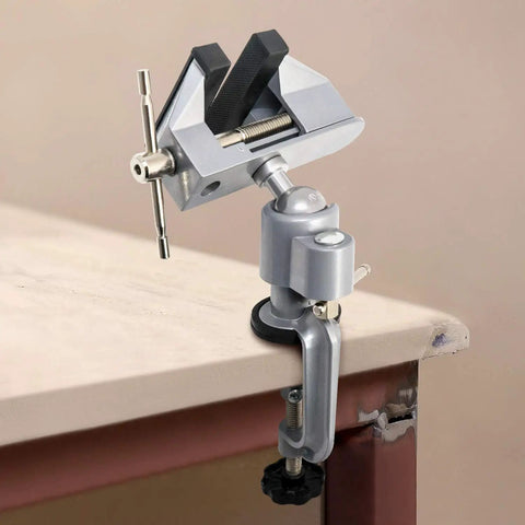3 Inch Do It All Tabletop Clamp Vise With 360 Degree Rotation And 45 Degree Tilt Portable Bench Vise mounted on desk corner