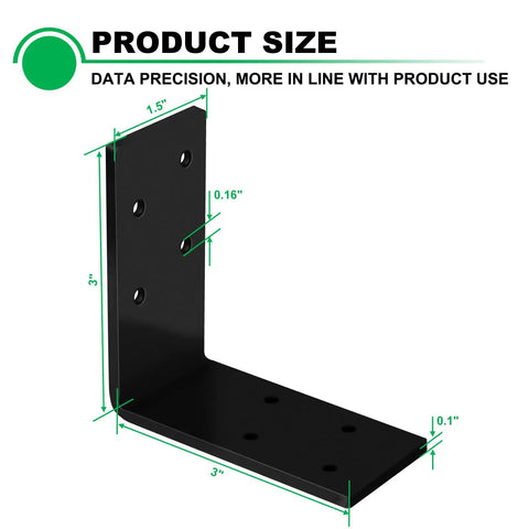Flex Free Heavy Duty L Brackets 12 Pack 3x3 Inch showing dimensions and specifications for black metal supports for DIY projects.