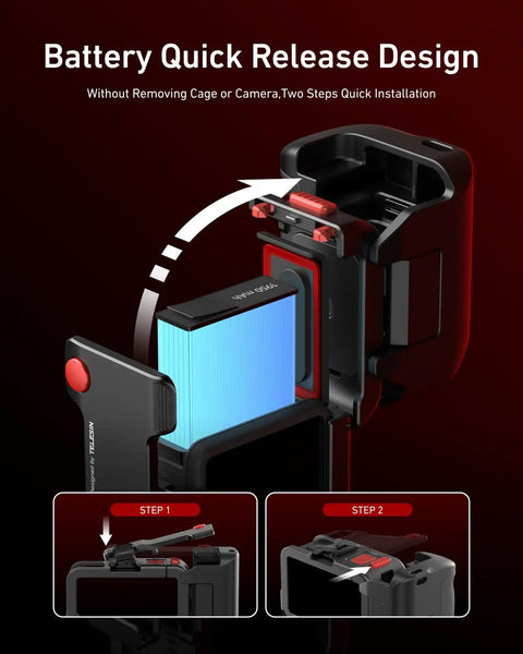 Battery quick release feature of Metal Street Grip Kit For DJI Action 5 Pro 4 3 with open cage showing battery removal.