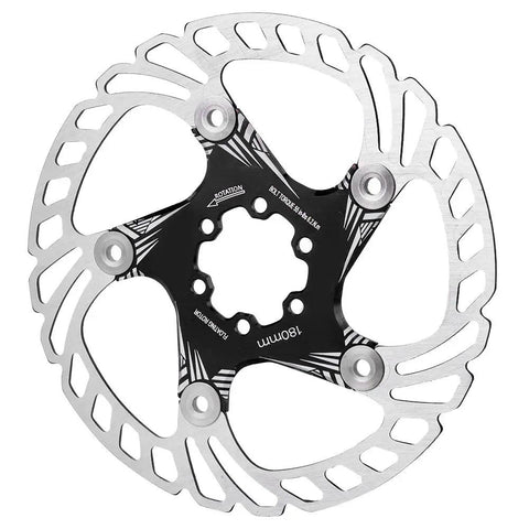 Premium Mountain Bike Disc Brake Pads For Hydraulic And Mechanical Systems Rock Solid Five Nail Design close-up view of 180mm rotor.