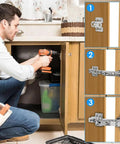 Man installing 4 Pack 180 Degree Cabinet Hinges, Adjustable Mounting, Soft Close, Hydraulic Buffer, Cold Rolled Steel, Rust Resistant.