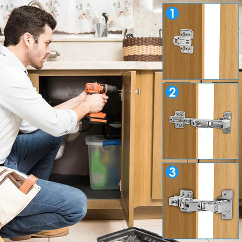 Man installing 4 Pack 180 Degree Cabinet Hinges, Adjustable Mounting, Soft Close, Hydraulic Buffer, Cold Rolled Steel, Rust Resistant.
