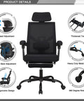 Mesh Ergonomic Office Chair With Footrest Headrest And Adjustable Backrest 90 To 135 Degrees 360 Degree Swivel Wheels image with labels