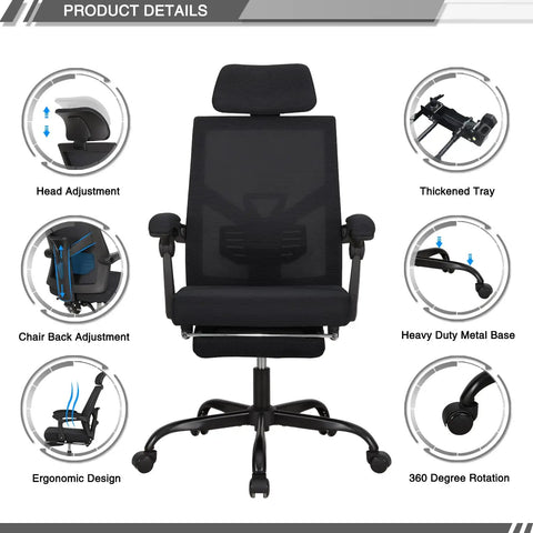 Mesh Ergonomic Office Chair With Footrest Headrest And Adjustable Backrest 90 To 135 Degrees 360 Degree Swivel Wheels image with labels