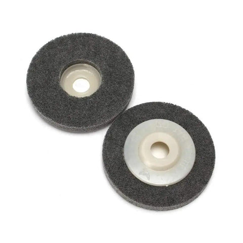 Two gray nylon fiber polishing wheels from Five Piece 4 Inch Gray Nylon Fiber Polishing Wheels Set With 16mm Bore For Metal Finishing And Surface Prep Great For Buffing Deburring Smoothing Edges Automotive Restoration And Fabrication Projects