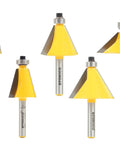 Bevel Edge Router Bit Set With Five Bits And Quarter Inch Shank For Precise Miter Joints, C3 Tungsten Carbide Blades, Yellow Tips