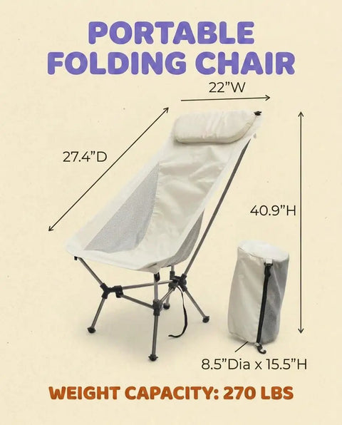 Capy Ultralight Camping Chair For Backpacking And Festivals, 3.5 Lb Ultra Portable High Back Seat dimensions shown, folded view.